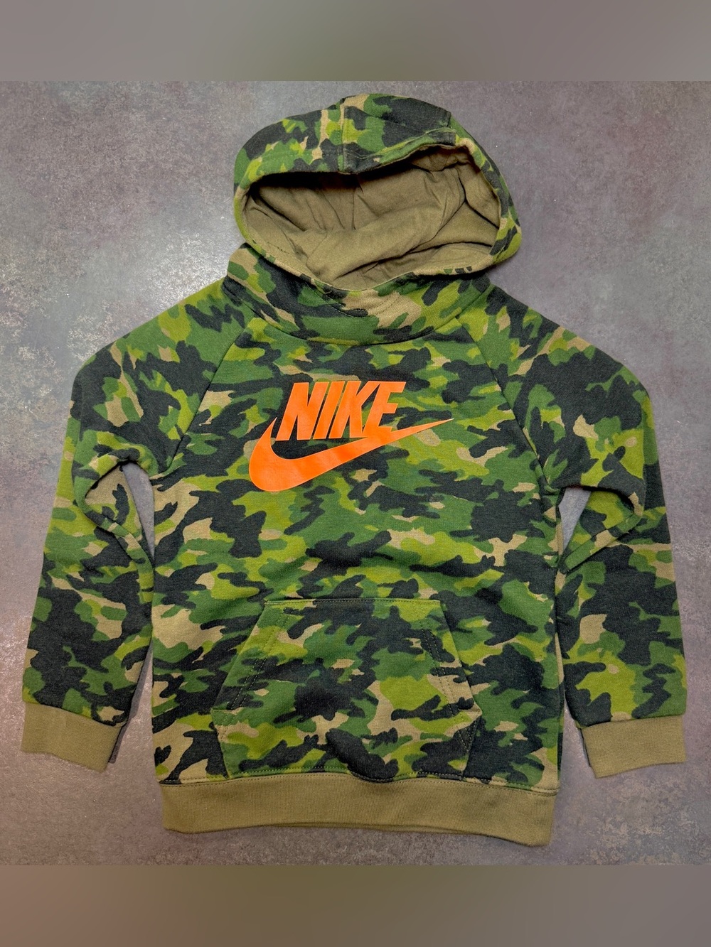 Nike Camo Hoodie 4T Fleece Lined Pullover Sweatshirt Green Orange Logo